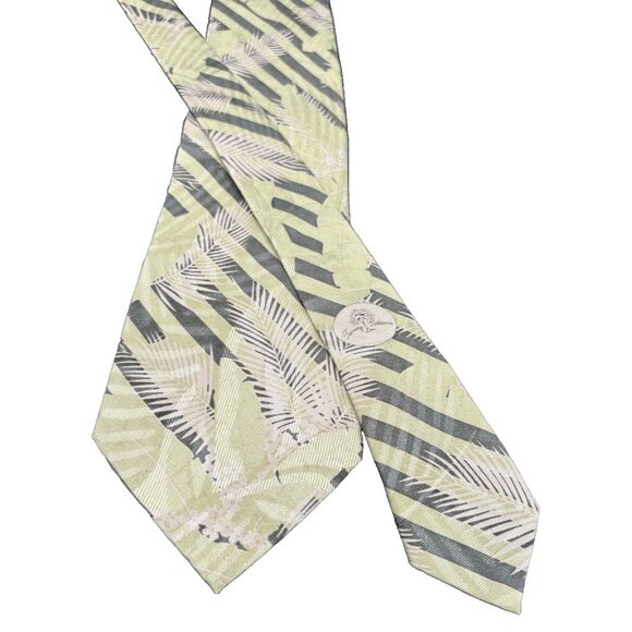 TOMMY BAHAMA Tie Men's 100% Silk Green Beige Floral Trees Leaves Strips GUC - Picture 3 of 8